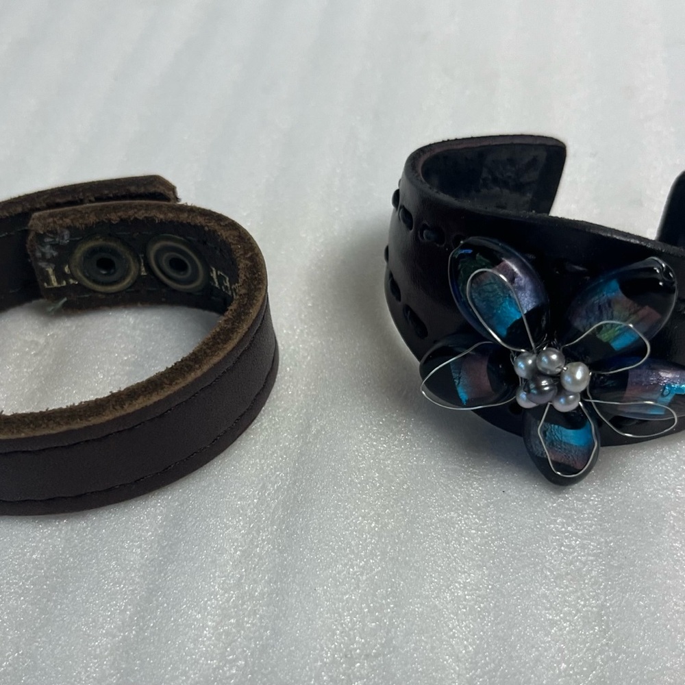 Black Leather Bracelet Set with Floral Accent